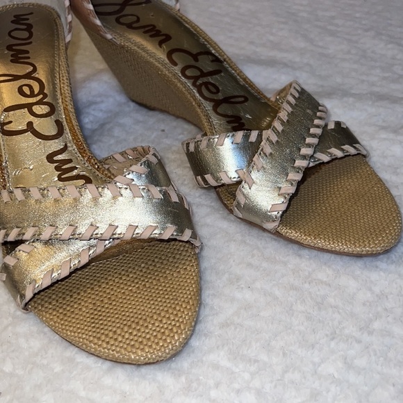 Sam Edelman Silvia Gold Beige Leather Zipper Back Wedge Sandals Ankle Strap Sz 9 - Picture 2 of 12